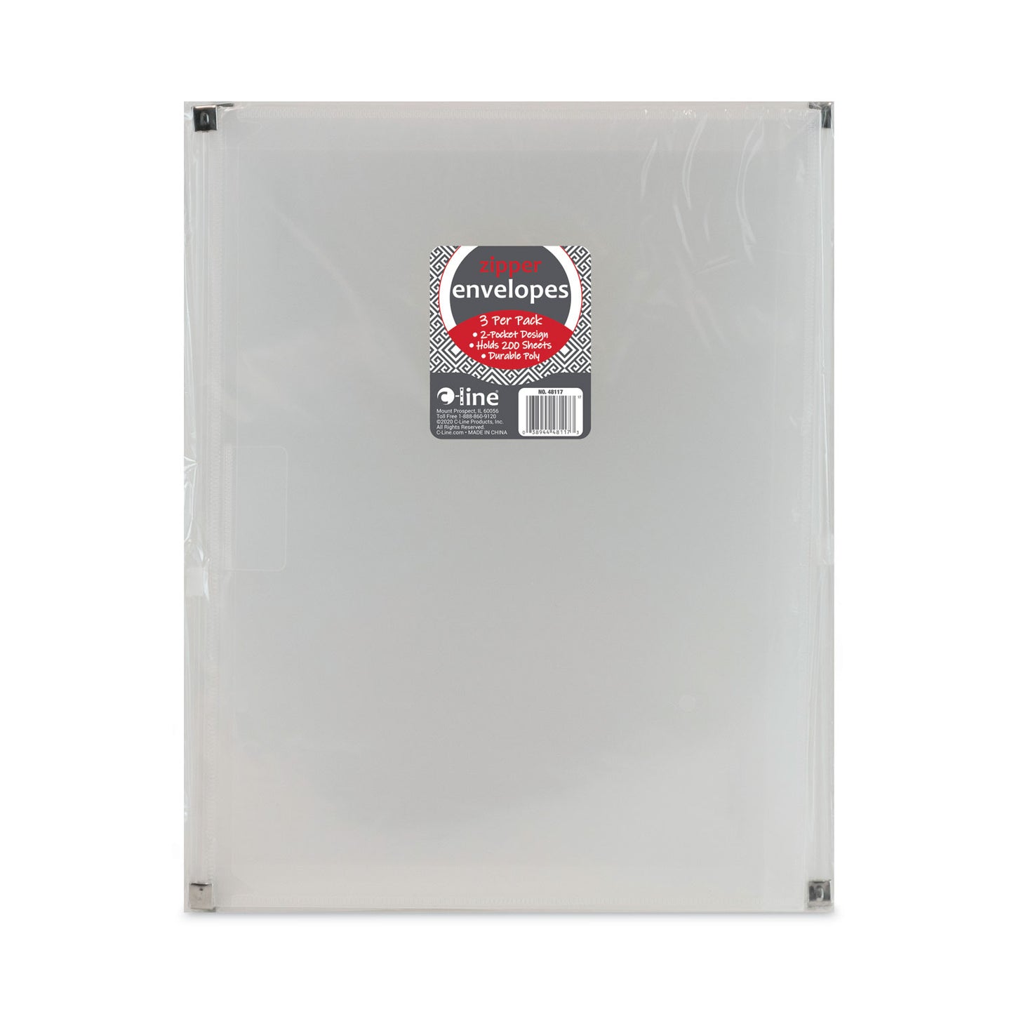 C-Line Zip 'N Go Reusable Envelope with Outer Pocket, 1" Capacity, 2 Sections, 10 x 13, Clear, 3/Pack (48117)