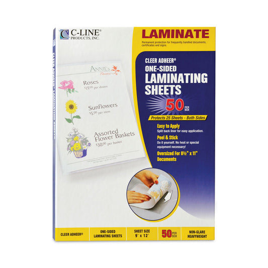 C-Line Cleer Adheer Self-Adhesive Laminating Film, 2 mil, 9" x 12", Non-Glare Clear, 50/Box (65004)