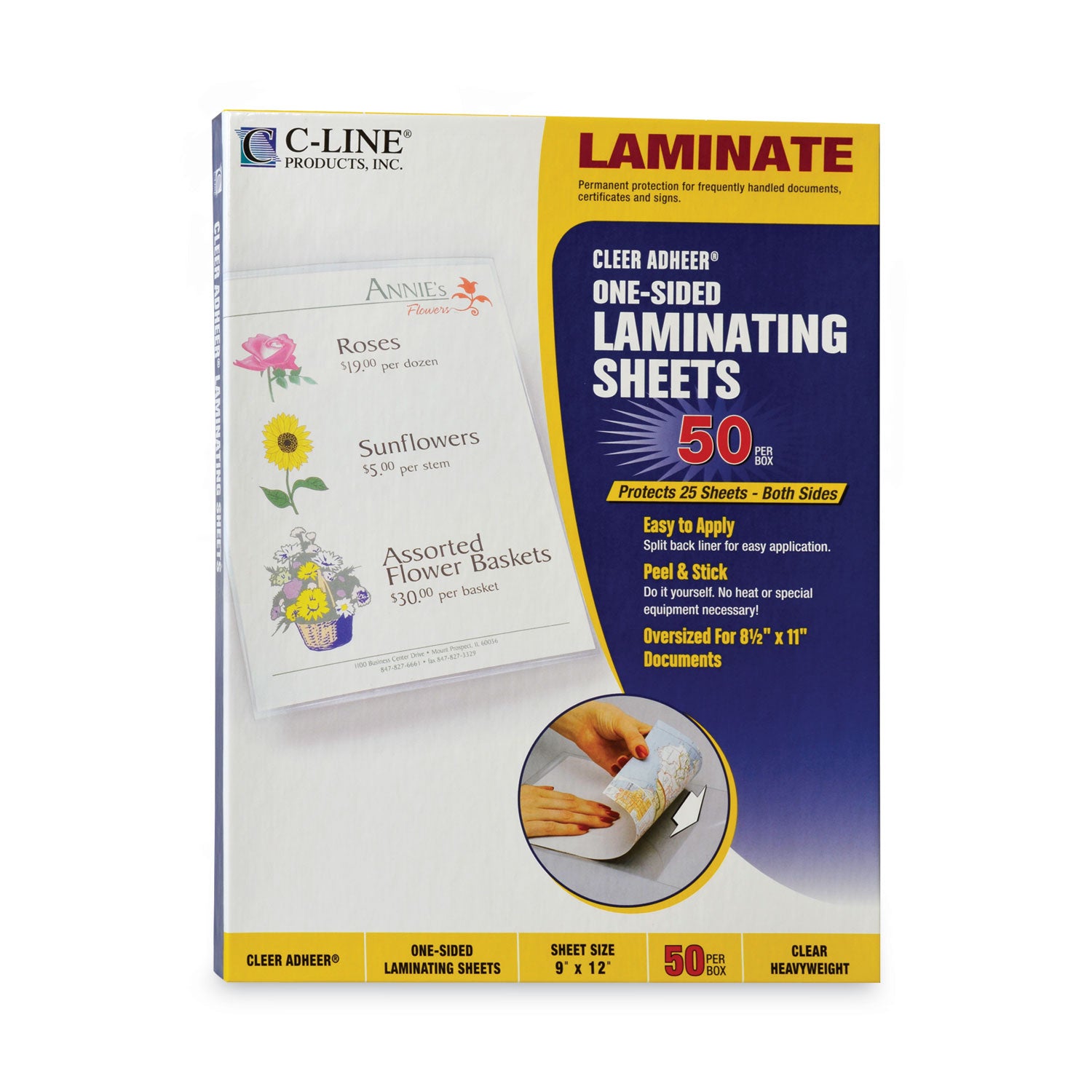 C-Line Cleer Adheer Self-Adhesive Laminating Film, 2 mil, 9" x 12", Gloss Clear, 50/Box (65001)