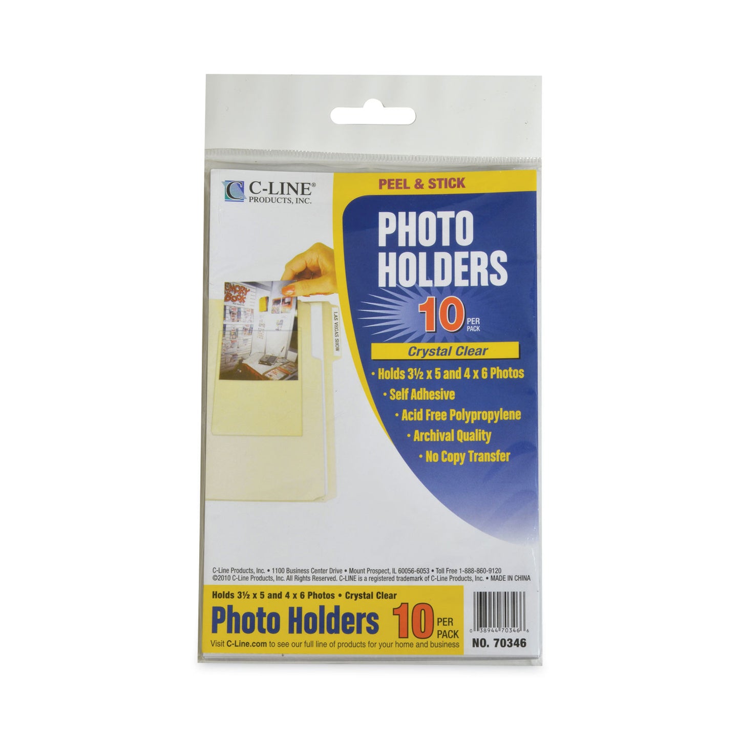 C-Line Peel and Stick Photo Holders, 4.38 x 6.5, Clear, 10/Pack (70346)