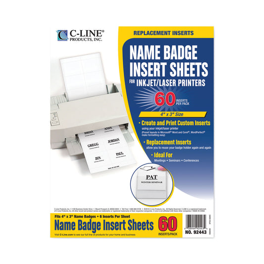 C-Line Name Badge Inserts, 4 x 3, White, 60/Pack (92443)