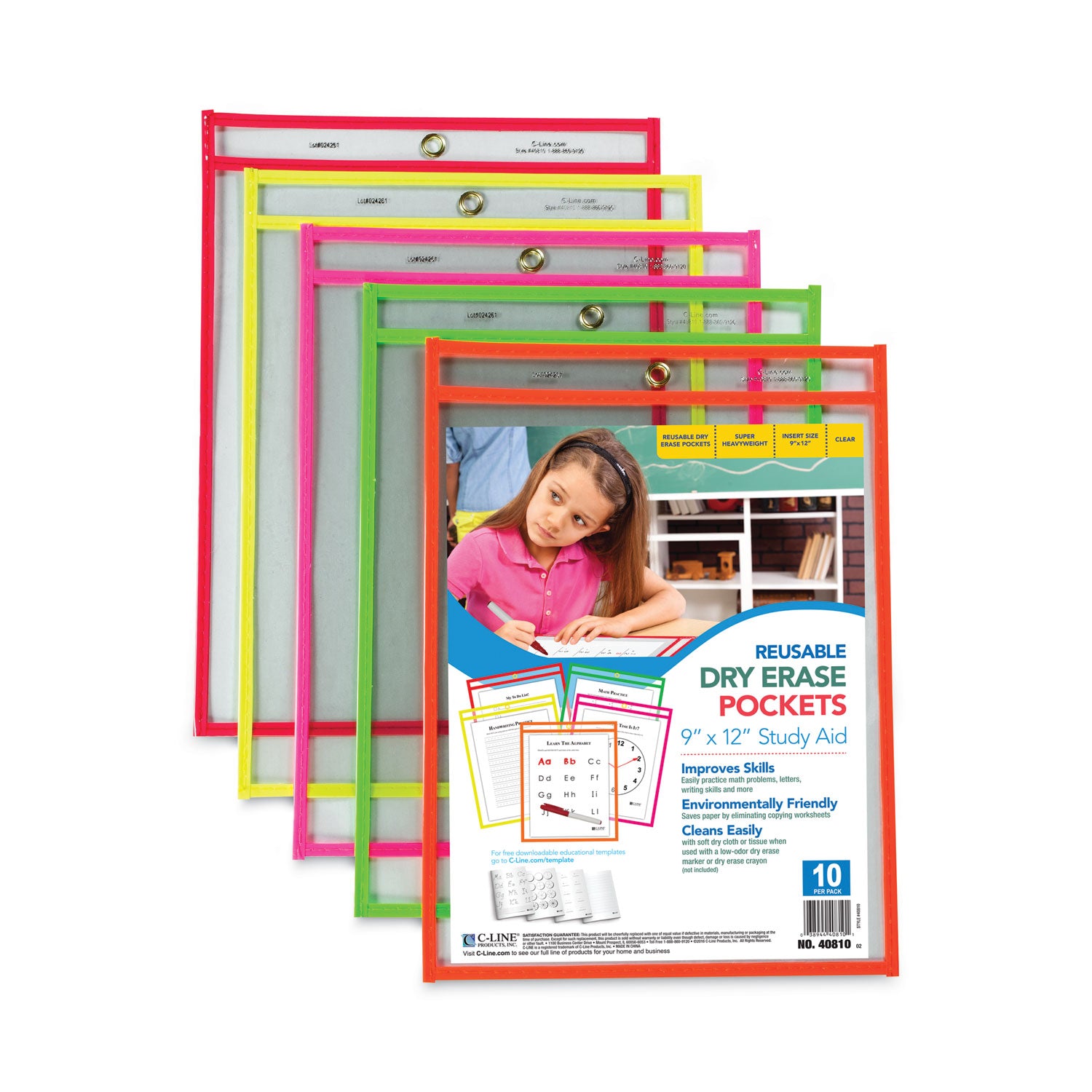 C-Line Reusable Dry Erase Pockets, 9 x 12, Assorted Neon Colors, 10/Pack (40810)