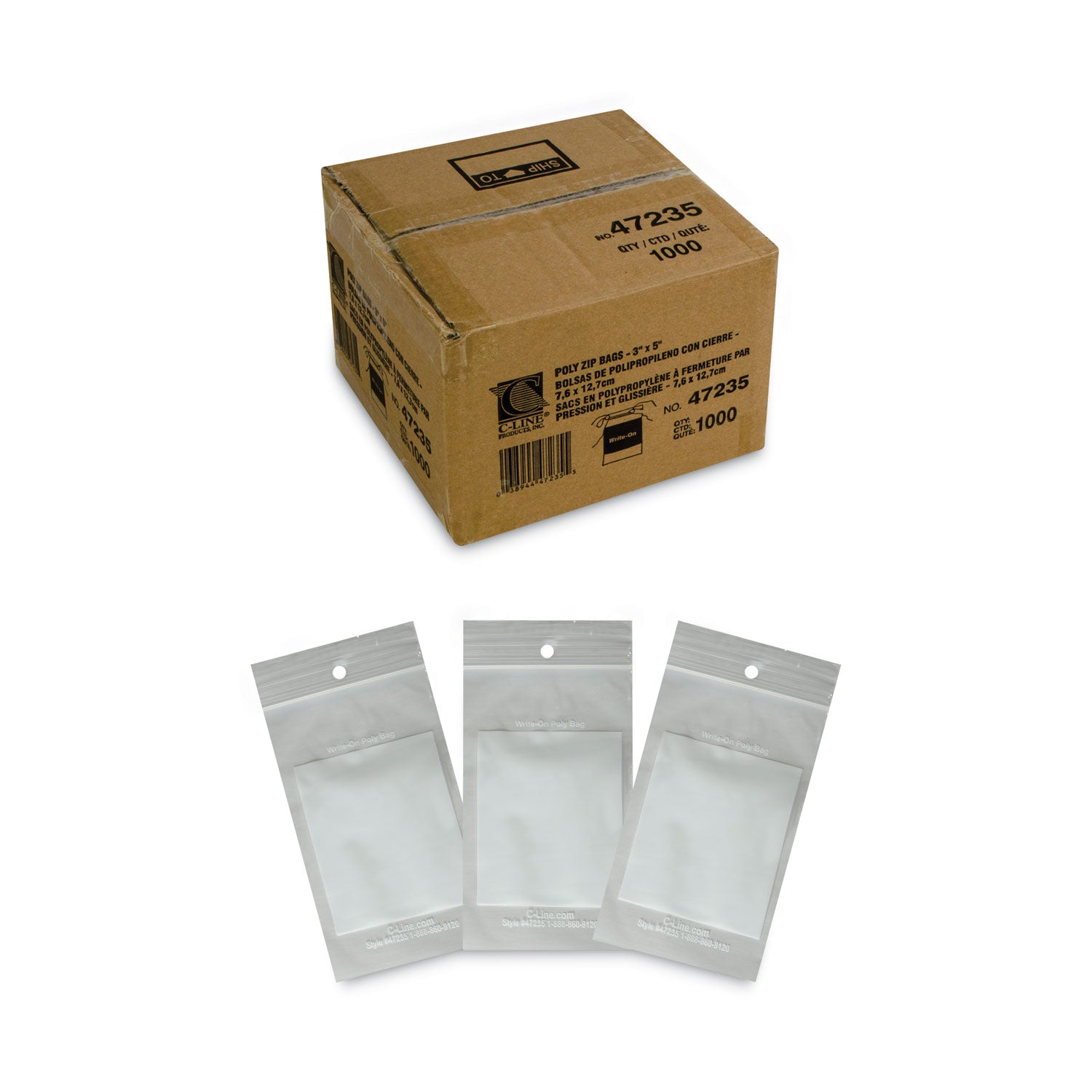 C-Line Write-On Poly Bags, 2 mil, 3" x 5", Clear, 1,000/Carton (47235)