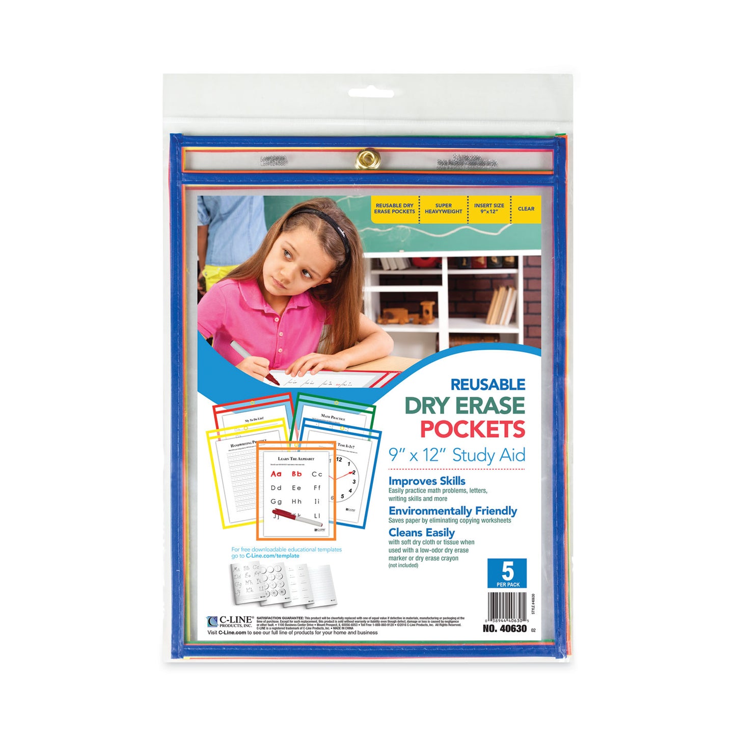 C-Line Reusable Dry Erase Pockets, 9 x 12, Assorted Primary Colors, 5/Pack (40630)