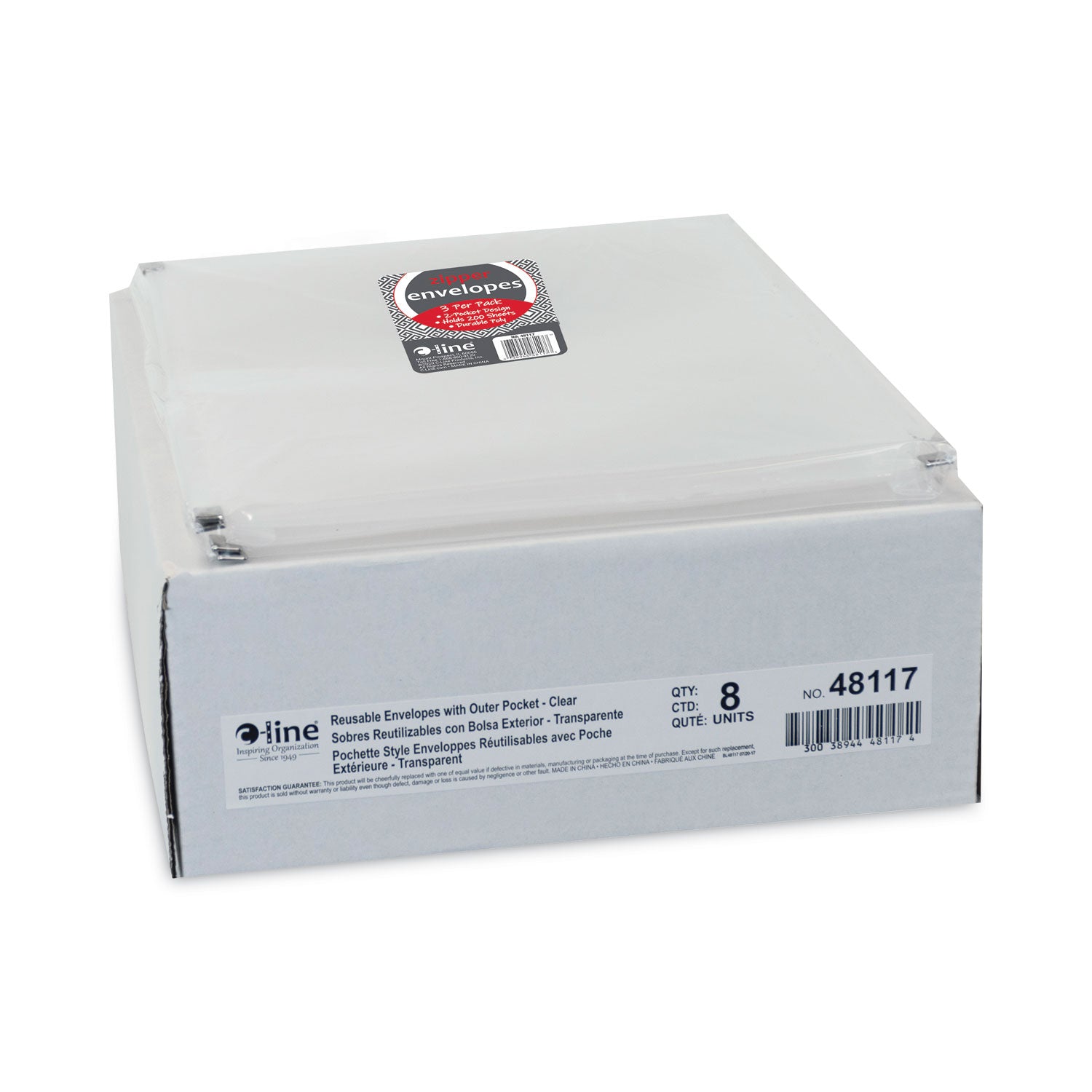 C-Line Zip 'N Go Reusable Envelope with Outer Pocket, 1" Capacity, 2 Sections, 10 x 13, Clear, 3/Pack (48117)