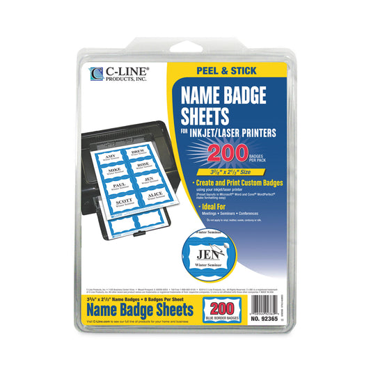 C-Line Laser Printer Name Badges, 3 3/8 x 2 1/3, White/Blue, 200/Box (92365)