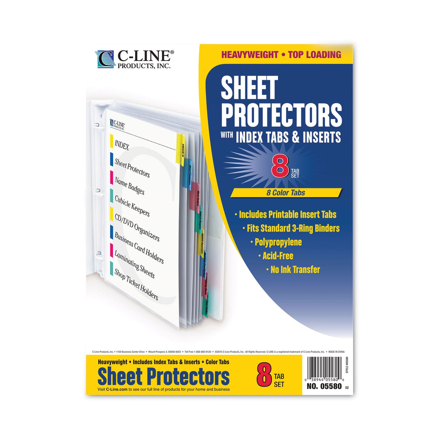 C-Line Sheet Protectors with Index Tabs, Assorted Color Tabs, 2", 11 x 8.5, 8/Set (05580)