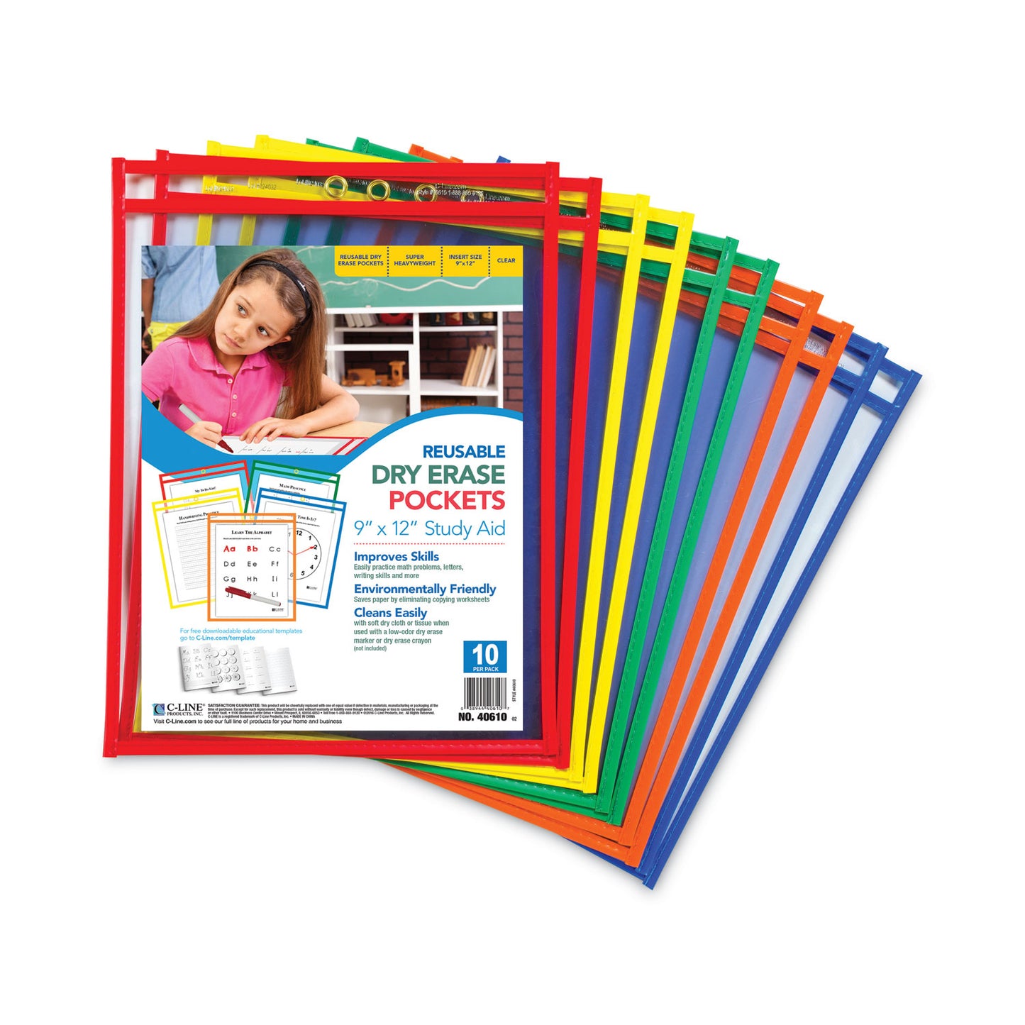 C-Line Reusable Dry Erase Pockets, 9 x 12, Assorted Primary Colors, 10/Pack (40610)