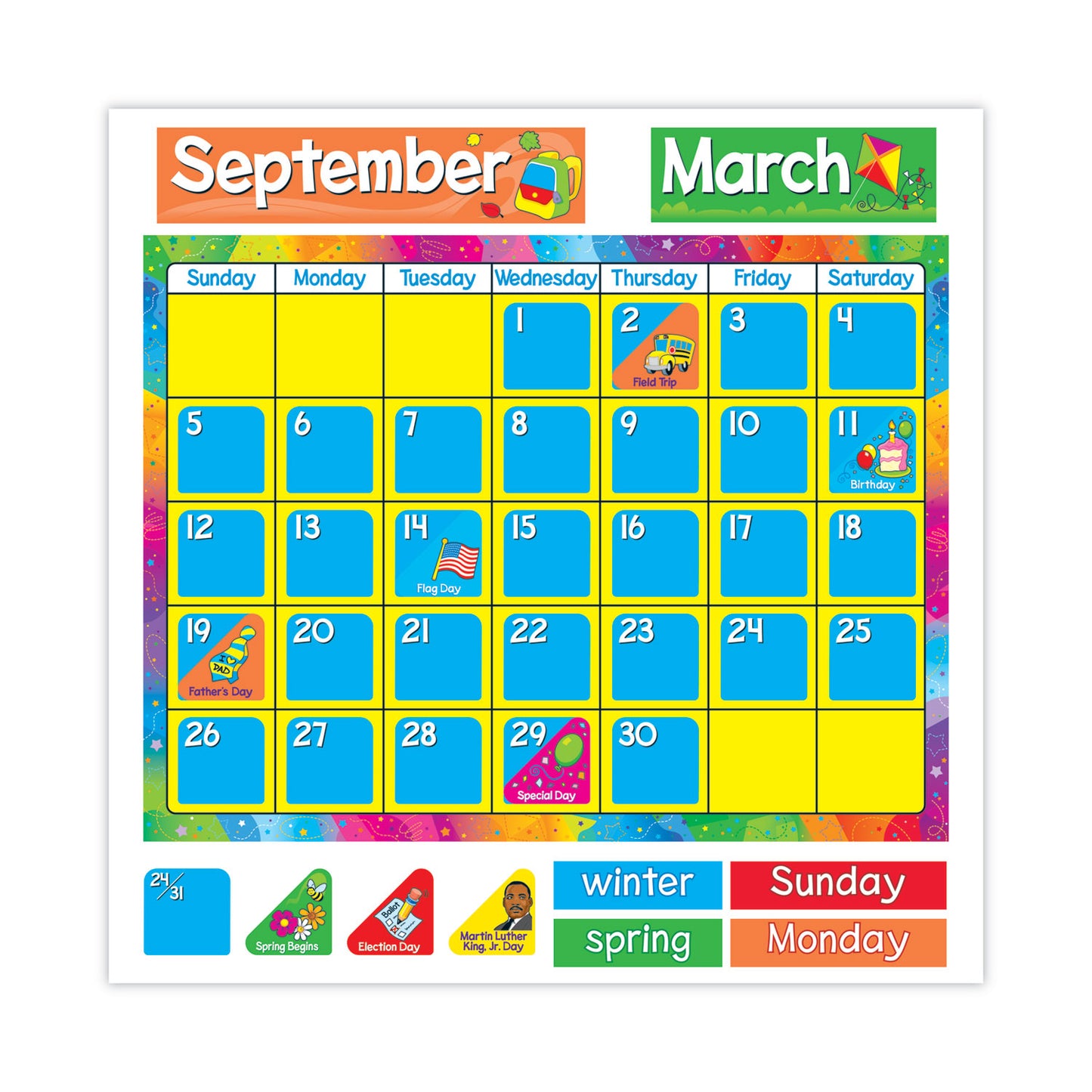 TREND Year Around Calendar Bulletin Board Set, 12-Month Calendar, 22" x 17", Assorted Colors, 106/Set (T8096)