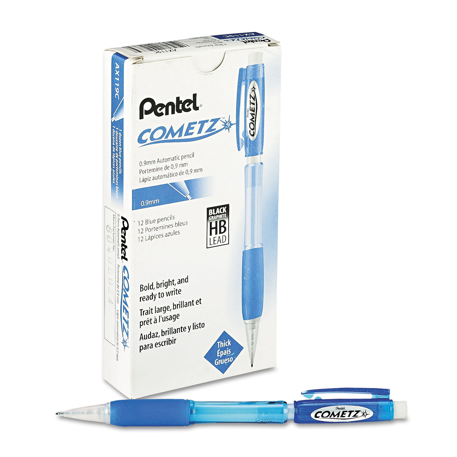 Pentel Cometz Mechanical Pencil, 0.9 mm, HB (#2), Black Lead, Blue Barrel, Dozen (AX119C)