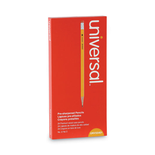 Universal #2 Pre-Sharpened Woodcase Pencil, HB (#2), Black Lead, Yellow Barrel, 24/Pack (55401)