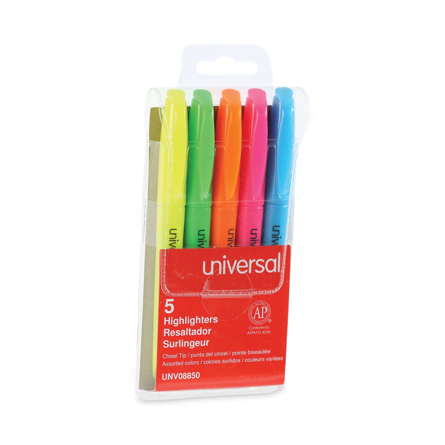 Universal Pocket Highlighters, Assorted Ink Colors, Chisel Tip, Assorted Barrel Colors, 5/Set (08850)