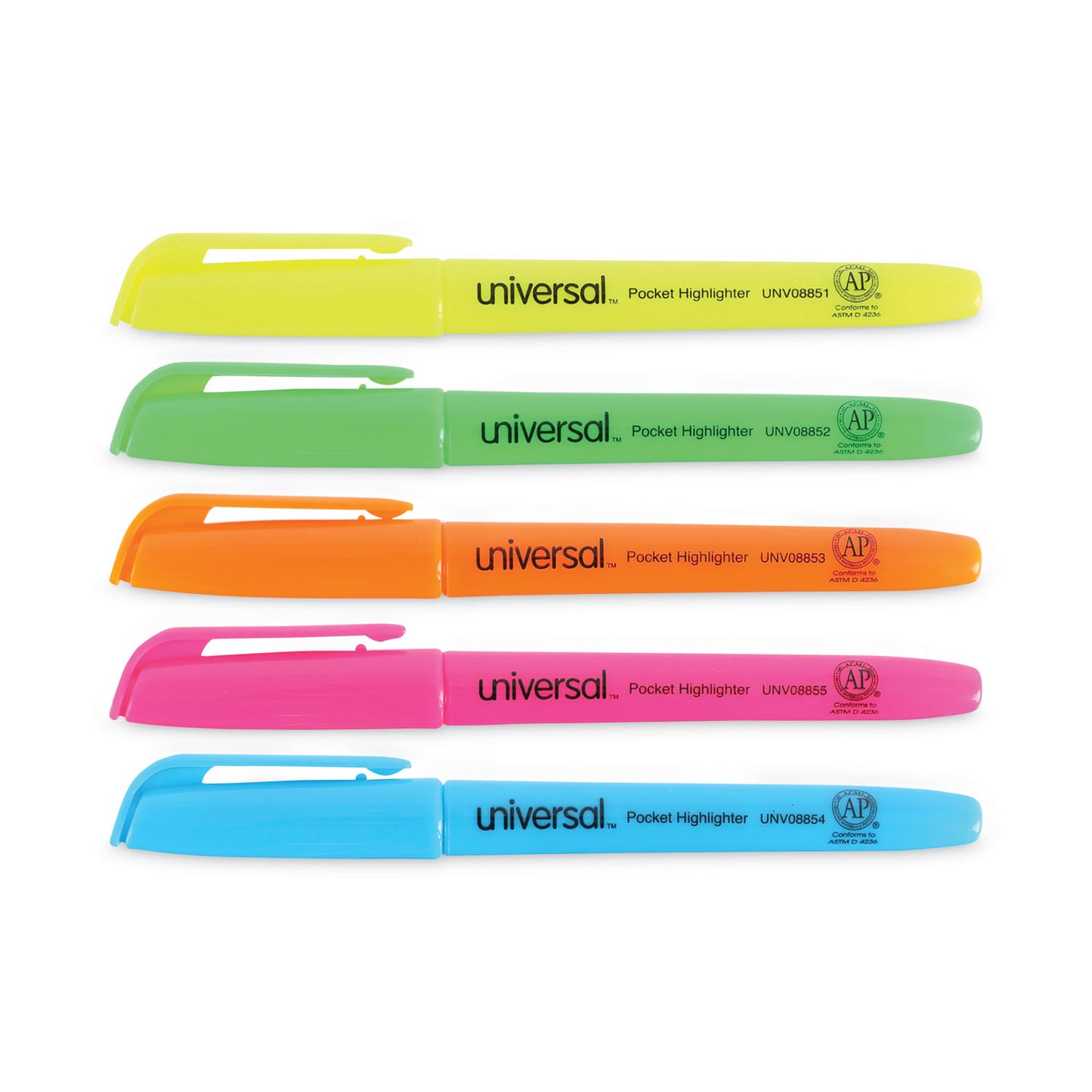 Universal Pocket Highlighters, Assorted Ink Colors, Chisel Tip, Assorted Barrel Colors, 5/Set (08850)