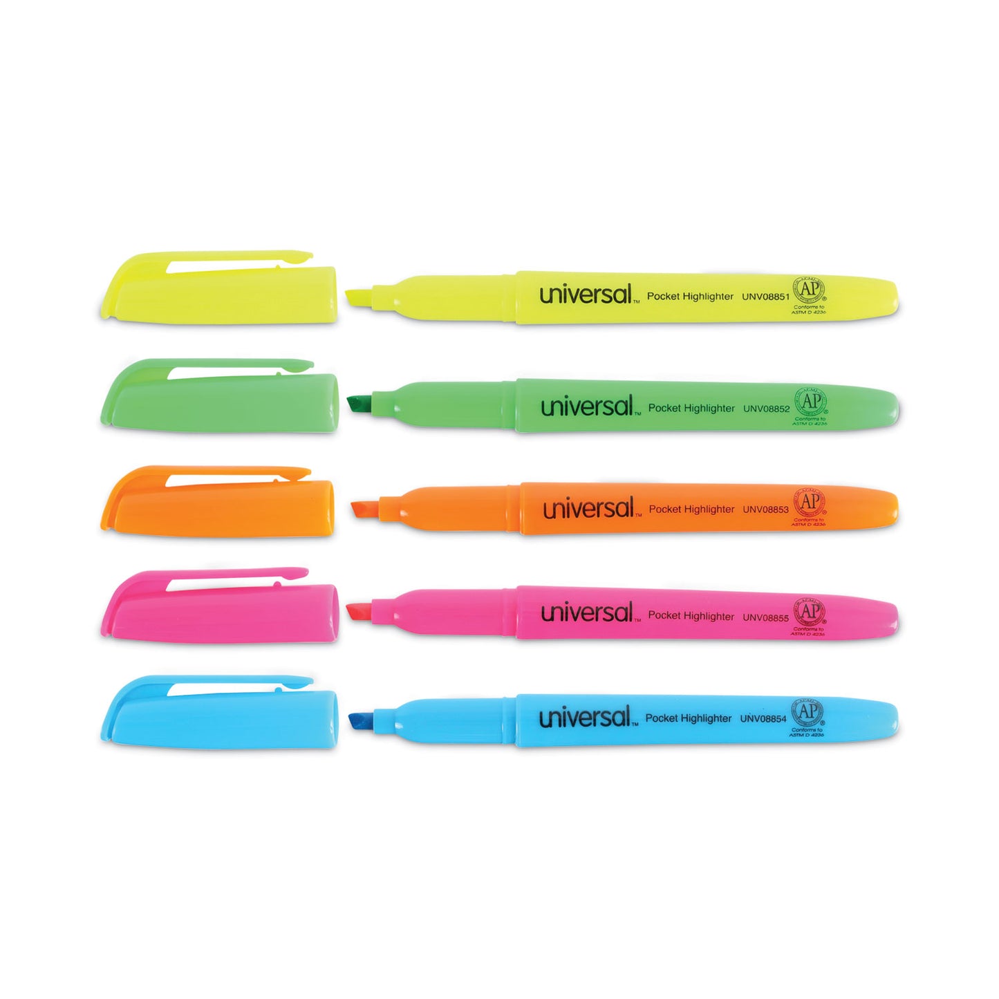 Universal Pocket Highlighters, Assorted Ink Colors, Chisel Tip, Assorted Barrel Colors, 5/Set (08850)