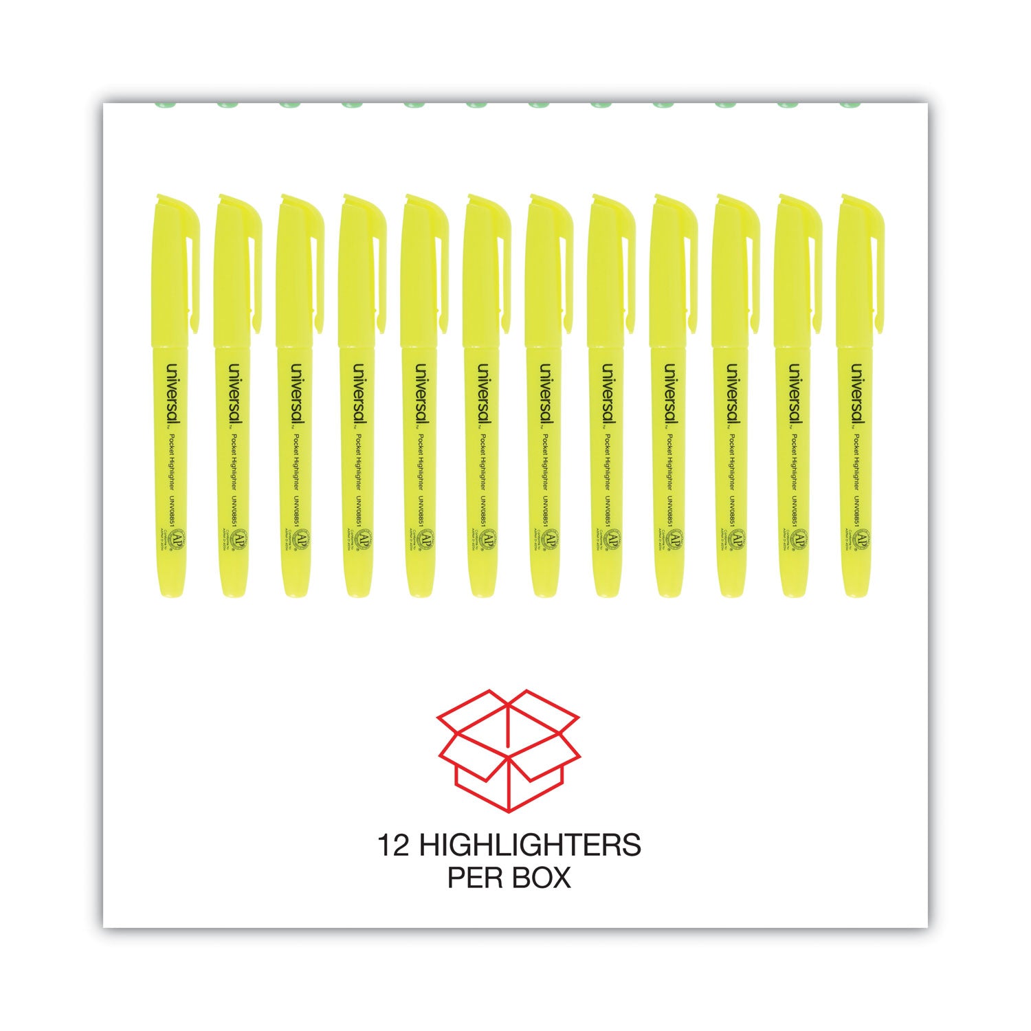 Universal Pocket Highlighters, Fluorescent Yellow Ink, Chisel Tip, Yellow Barrel, Dozen (08851)