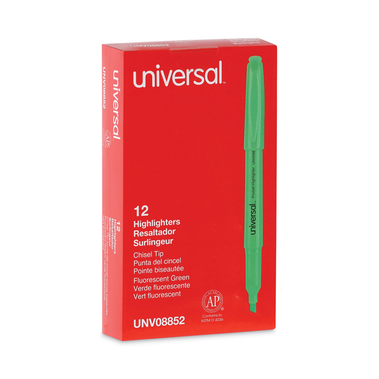 Universal Pocket Highlighters, Fluorescent Green Ink, Chisel Tip, Green Barrel, Dozen (08852)