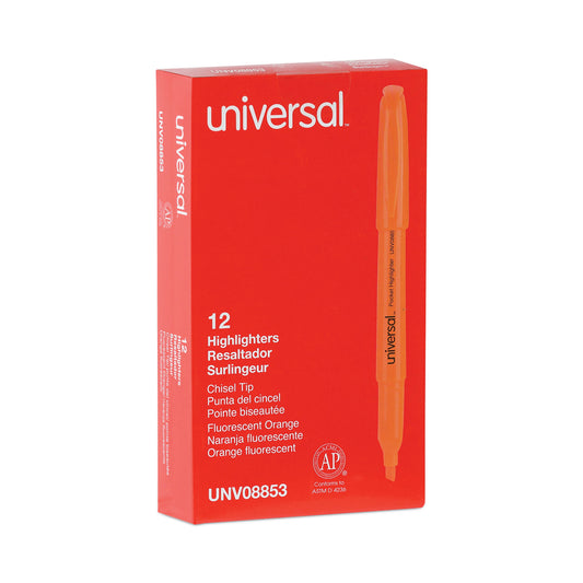 Universal Pocket Highlighters, Fluorescent Orange Ink, Chisel Tip, Orange Barrel, Dozen (08853)