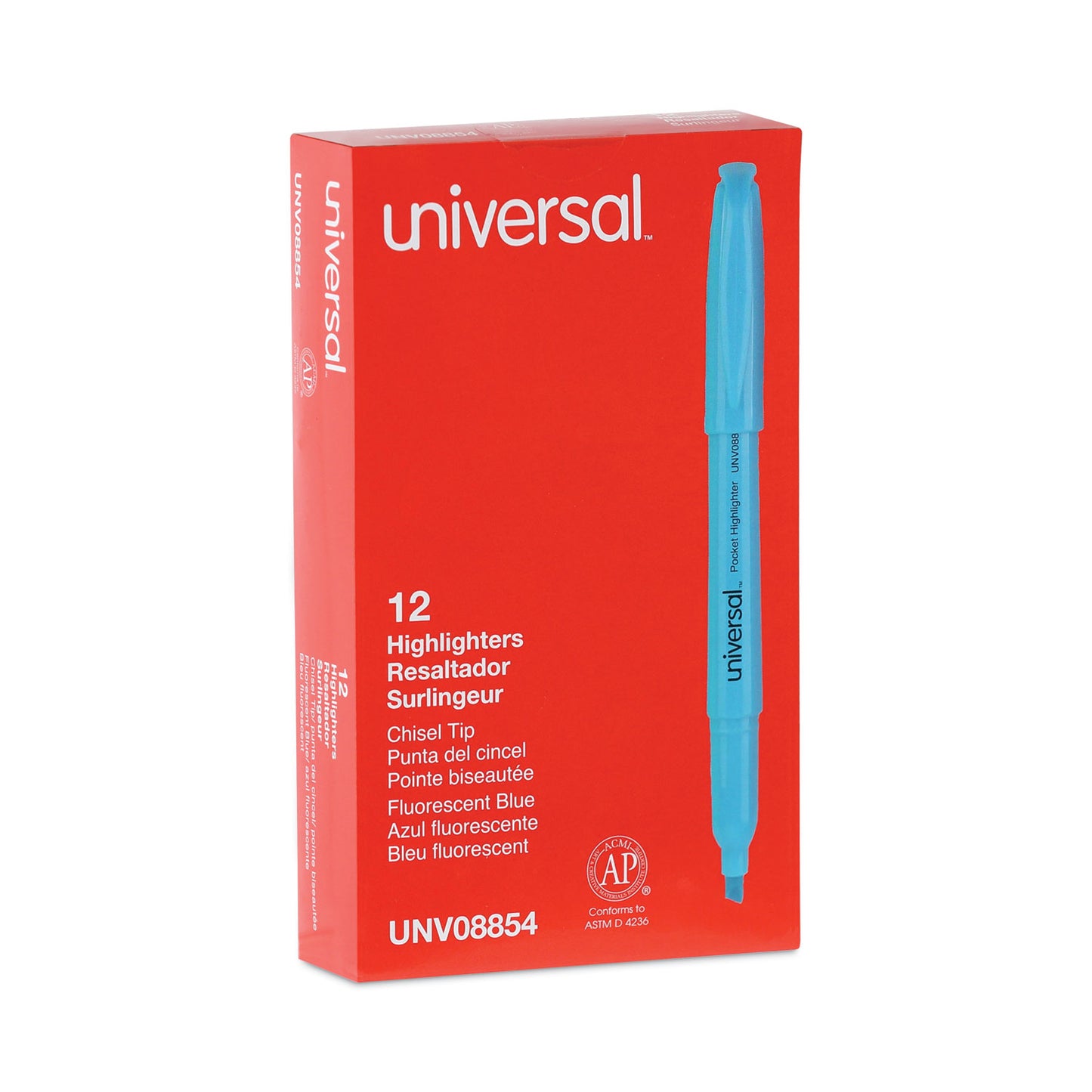 Universal Pocket Highlighters, Fluorescent Blue Ink, Chisel Tip, Blue Barrel, Dozen (08854)