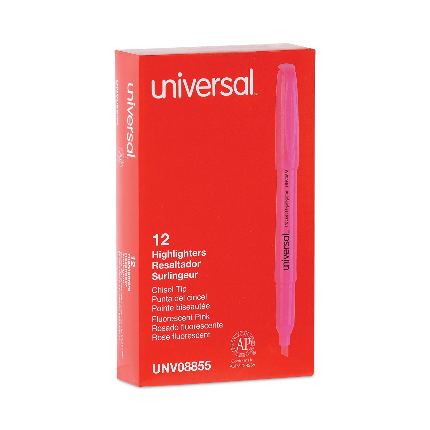 Universal Pocket Highlighters, Fluorescent Pink Ink, Chisel Tip, Pink Barrel, Dozen (08855)