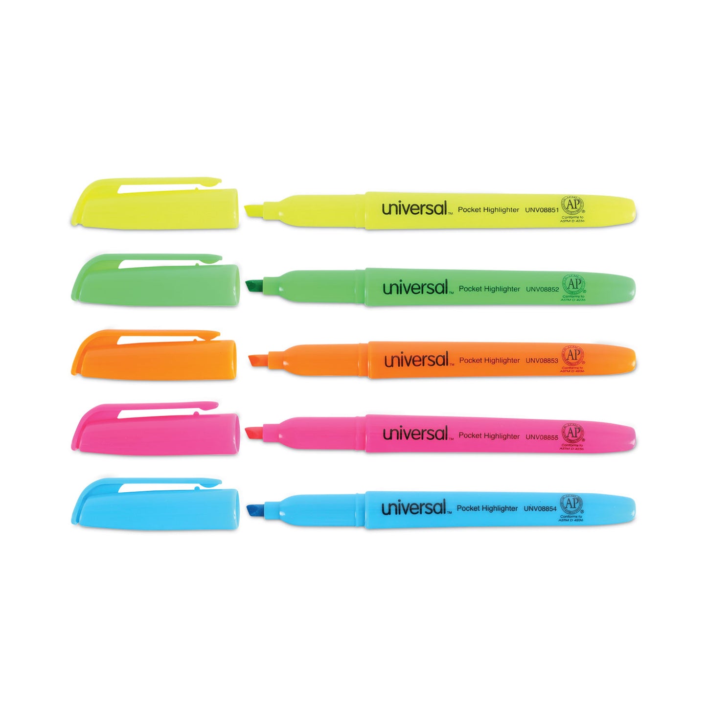 Universal Pocket Highlighters, Assorted Ink Colors, Chisel Tip, Assorted Barrel Colors, Dozen (08857)