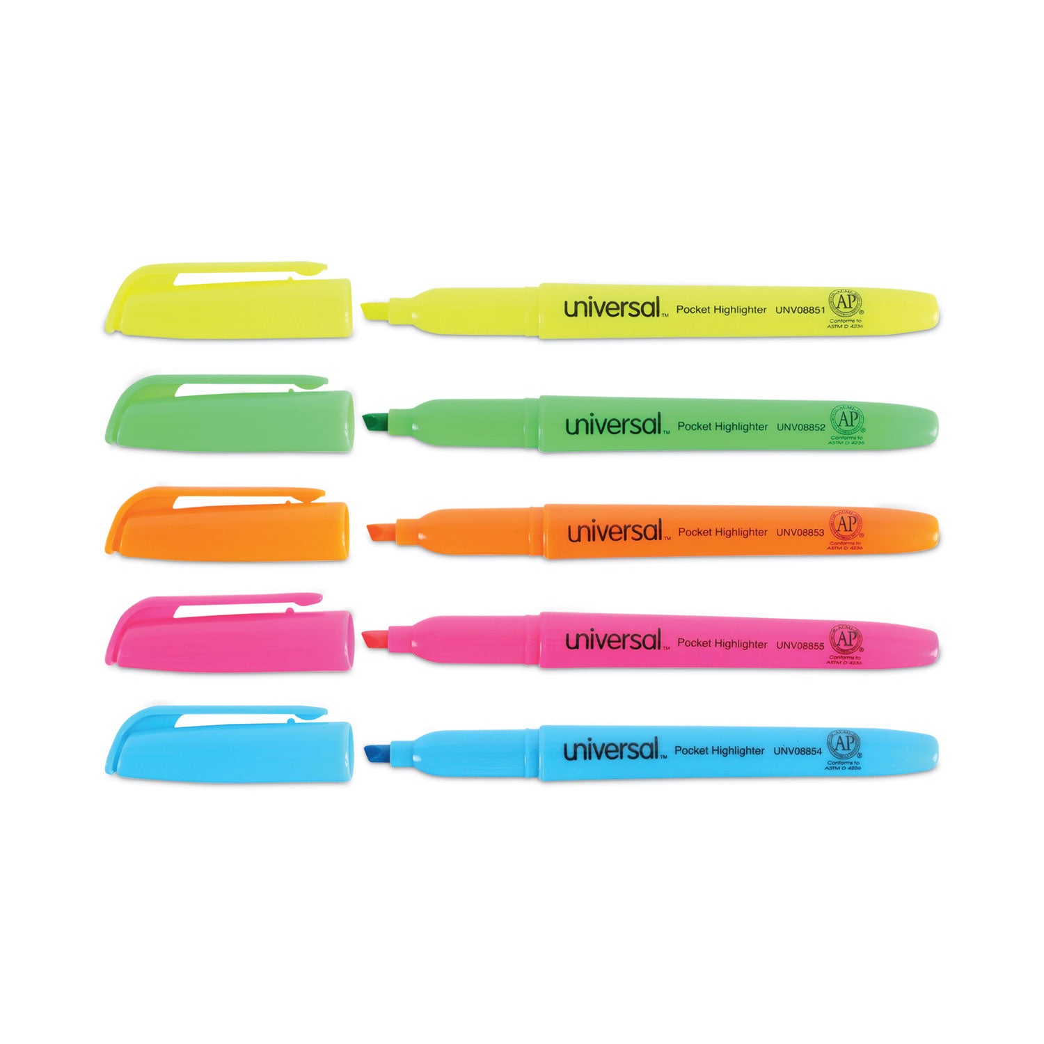 Universal Pocket Highlighters, Assorted Ink Colors, Chisel Tip, Assorted Barrel Colors, Dozen (08857)