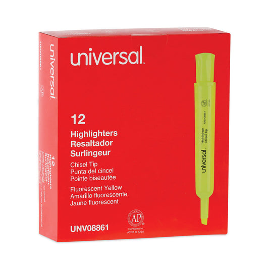 Universal Desk Highlighters, Fluorescent Yellow Ink, Chisel Tip, Yellow Barrel, Dozen (08861)