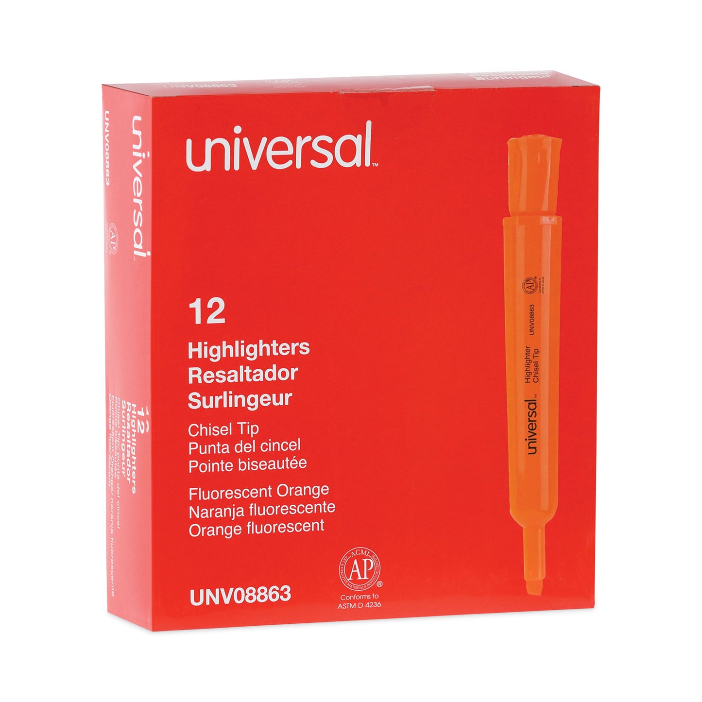 Universal Desk Highlighters, Fluorescent Orange Ink, Chisel Tip, Orange Barrel, Dozen (08863)