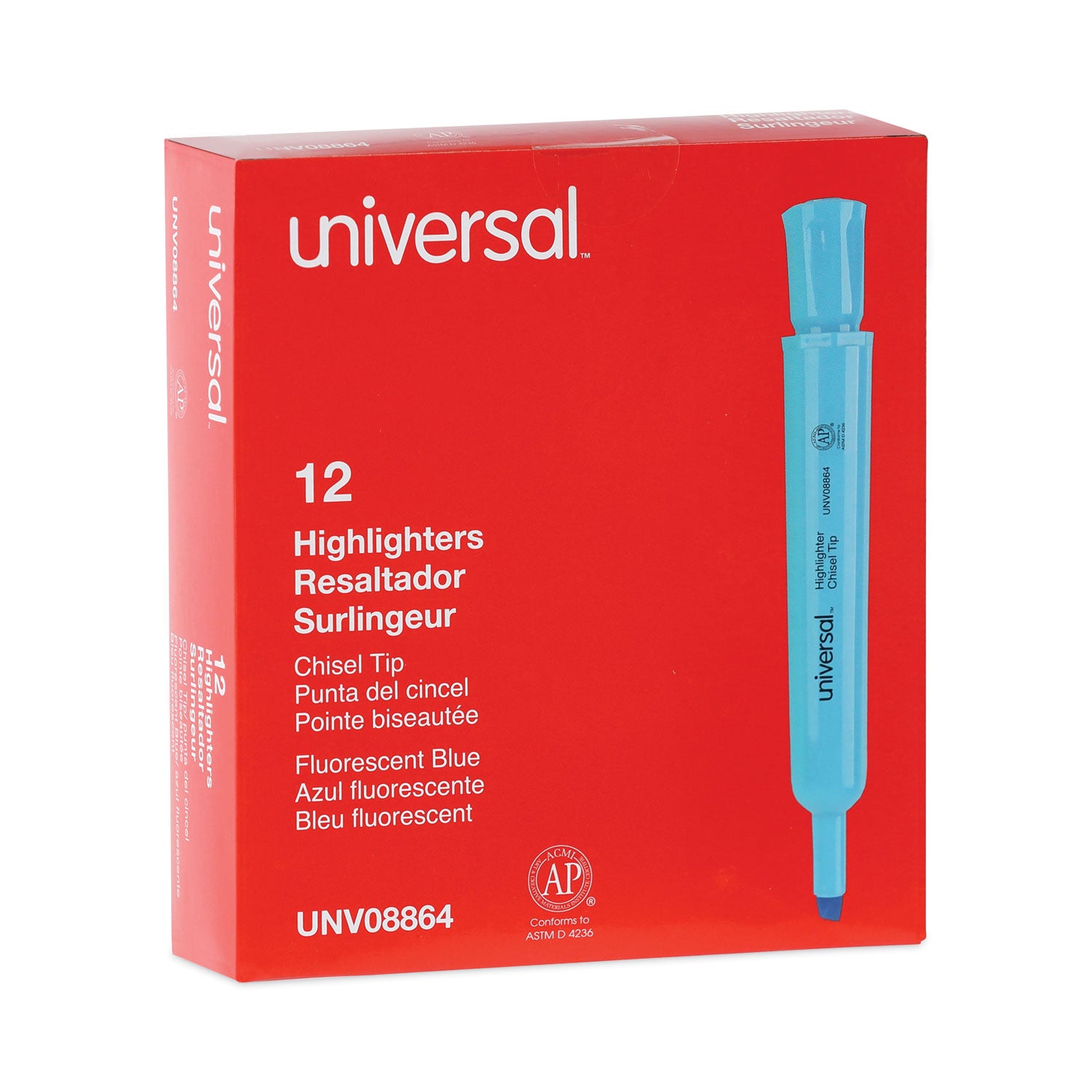 Universal Desk Highlighters, Fluorescent Blue Ink, Chisel Tip, Blue Barrel, Dozen (08864)