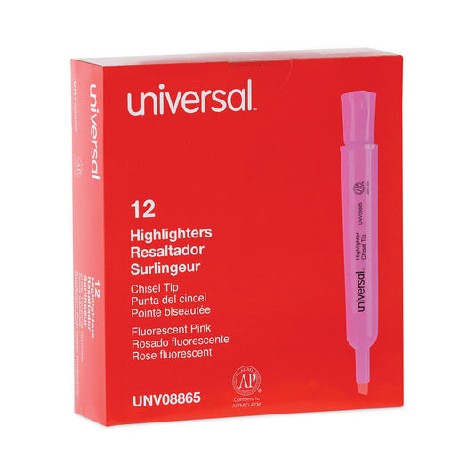 Universal Desk Highlighters, Fluorescent Pink Ink, Chisel Tip, Pink Barrel, Dozen (08865)