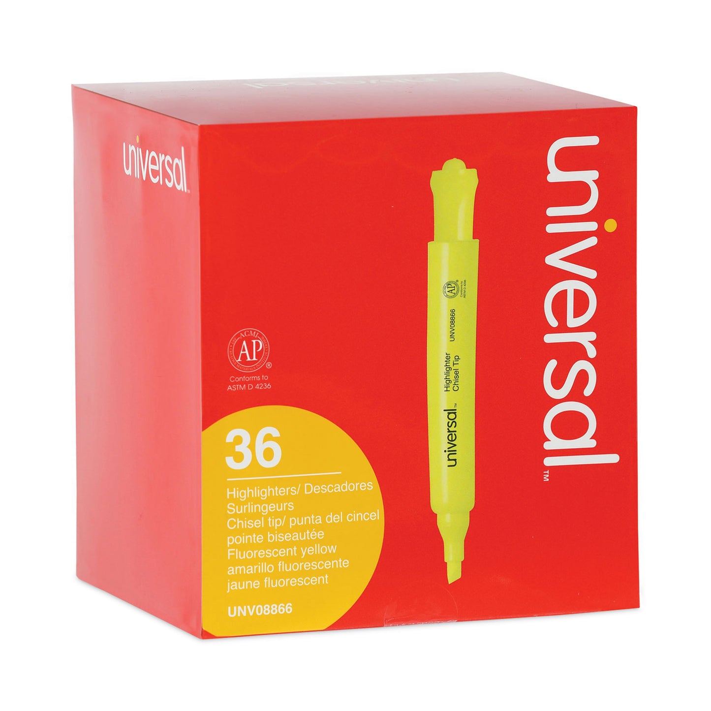 Universal Desk Highlighter Value Pack, Fluorescent Yellow Ink, Chisel Tip, Yellow Barrel, 36/Pack (08866)