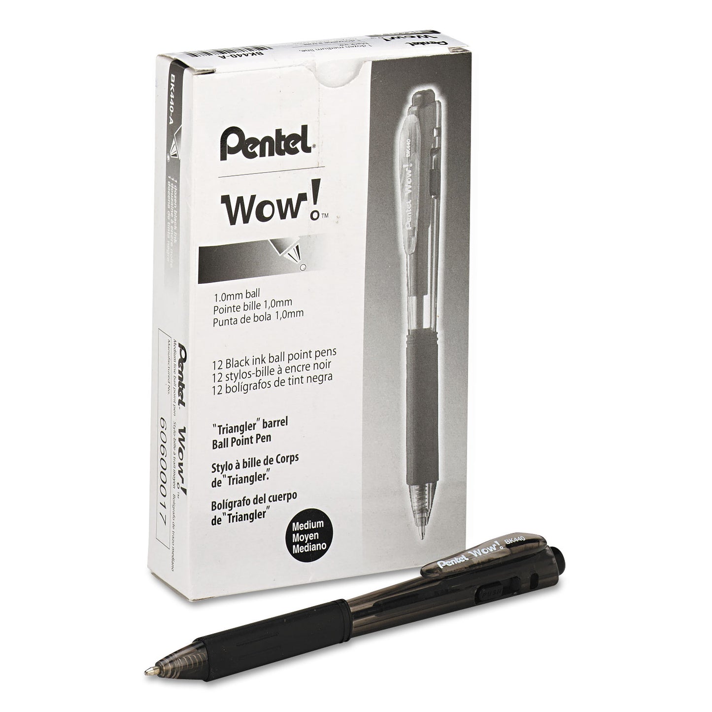 Pentel WOW! Ballpoint Pen, Retractable, Medium 1 mm, Black Ink, Smoke/Black Barrel, Dozen (BK440A)