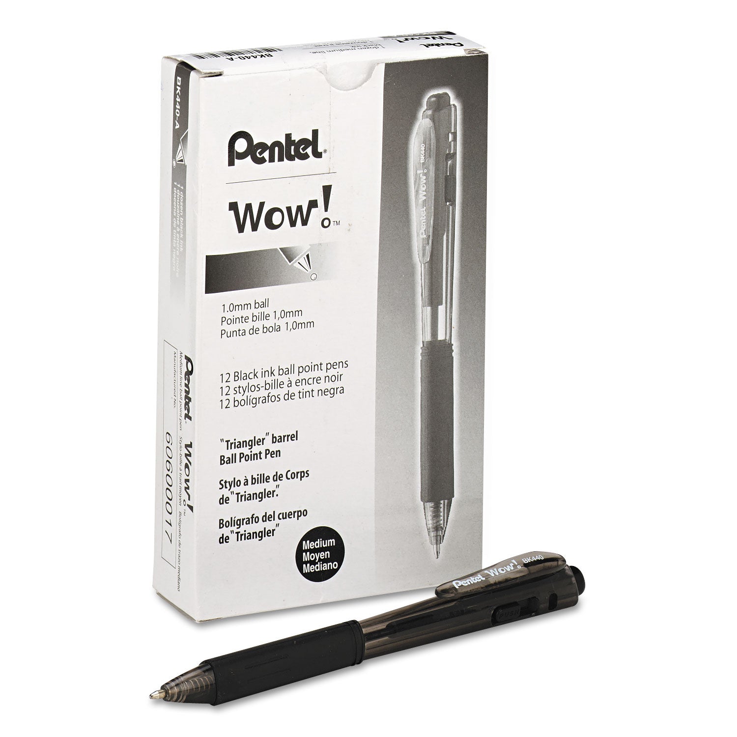 Pentel WOW! Ballpoint Pen, Retractable, Medium 1 mm, Black Ink, Smoke/Black Barrel, Dozen (BK440A)