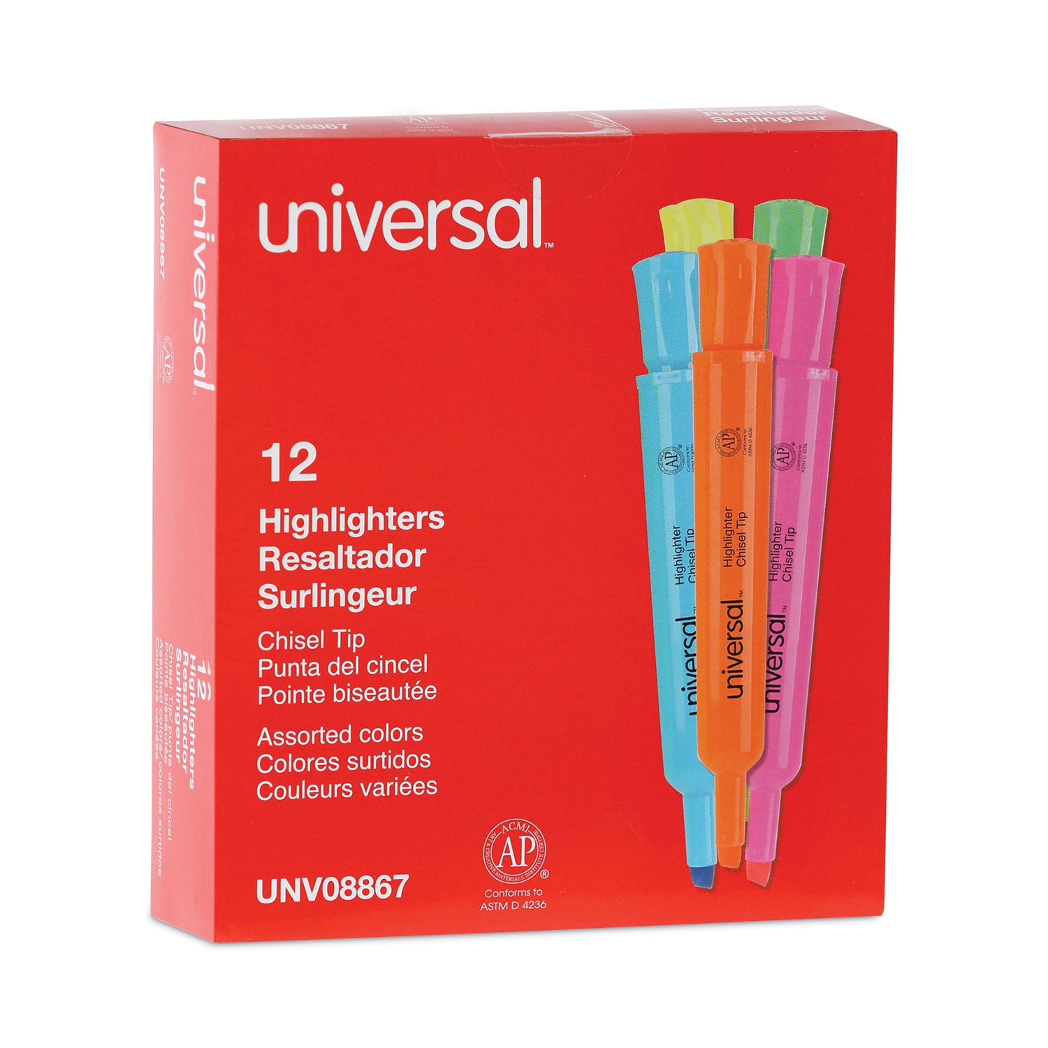 Universal Desk Highlighters, Assorted Ink Colors, Chisel Tip, Assorted Barrel Colors, Dozen (08867)