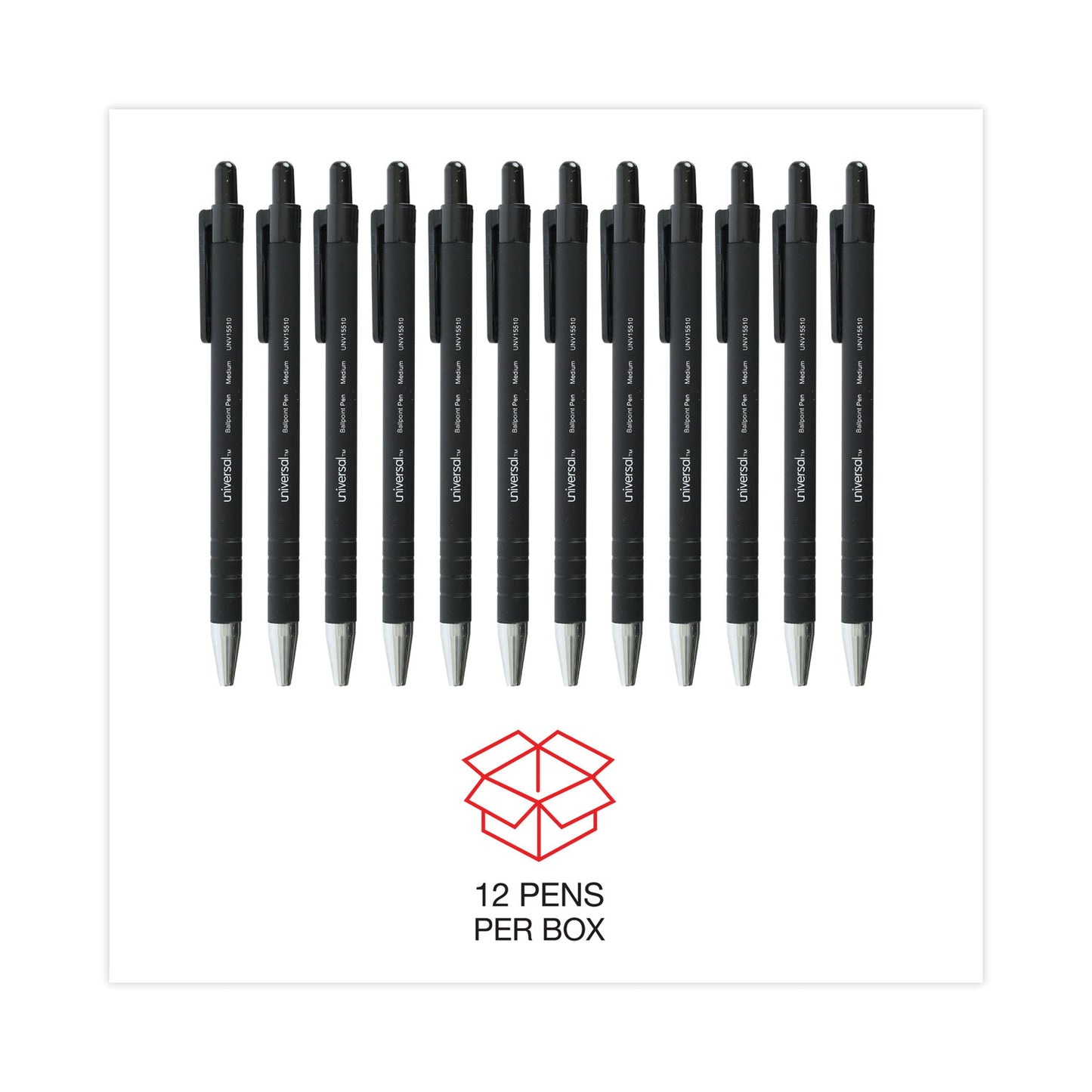 Universal Ballpoint Pen, Retractable, Medium 1 mm, Black Ink, Black Barrel, Dozen (15510)