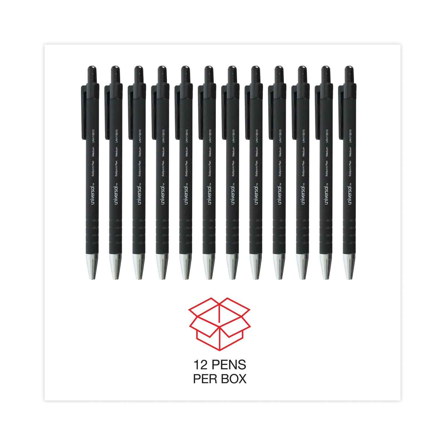 Universal Ballpoint Pen, Retractable, Medium 1 mm, Black Ink, Black Barrel, Dozen (15510)