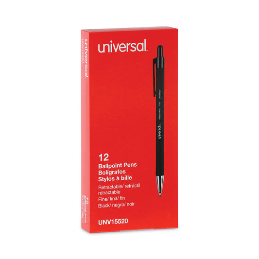 Universal Ballpoint Pen, Retractable, Fine 0.7 mm, Black Ink, Black Barrel, Dozen (15520)