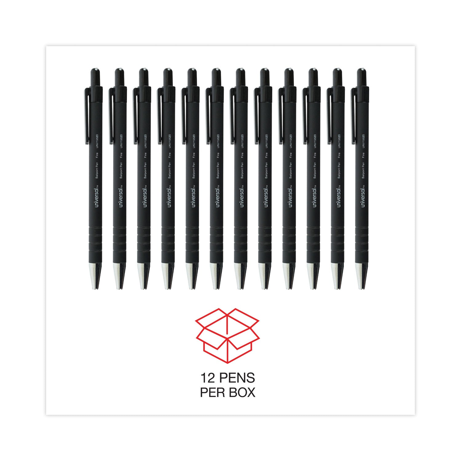 Universal Ballpoint Pen, Retractable, Fine 0.7 mm, Black Ink, Black Barrel, Dozen (15520)