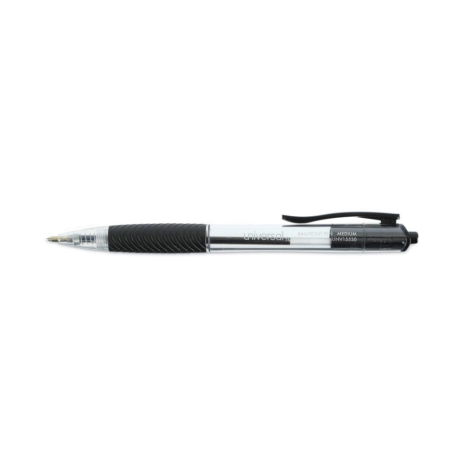 Universal Comfort Grip Ballpoint Pen, Retractable, Medium 1 mm, Black Ink, Clear/Black Barrel, Dozen (15530)