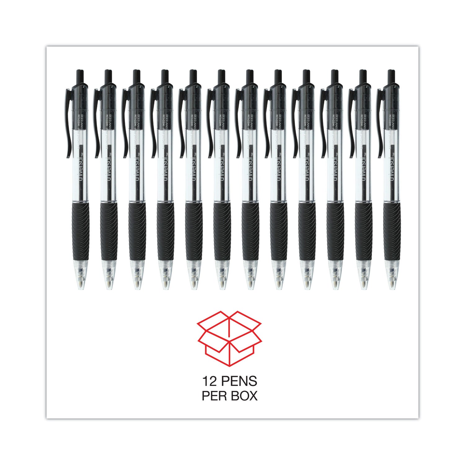 Universal Comfort Grip Ballpoint Pen, Retractable, Medium 1 mm, Black Ink, Clear/Black Barrel, Dozen (15530)