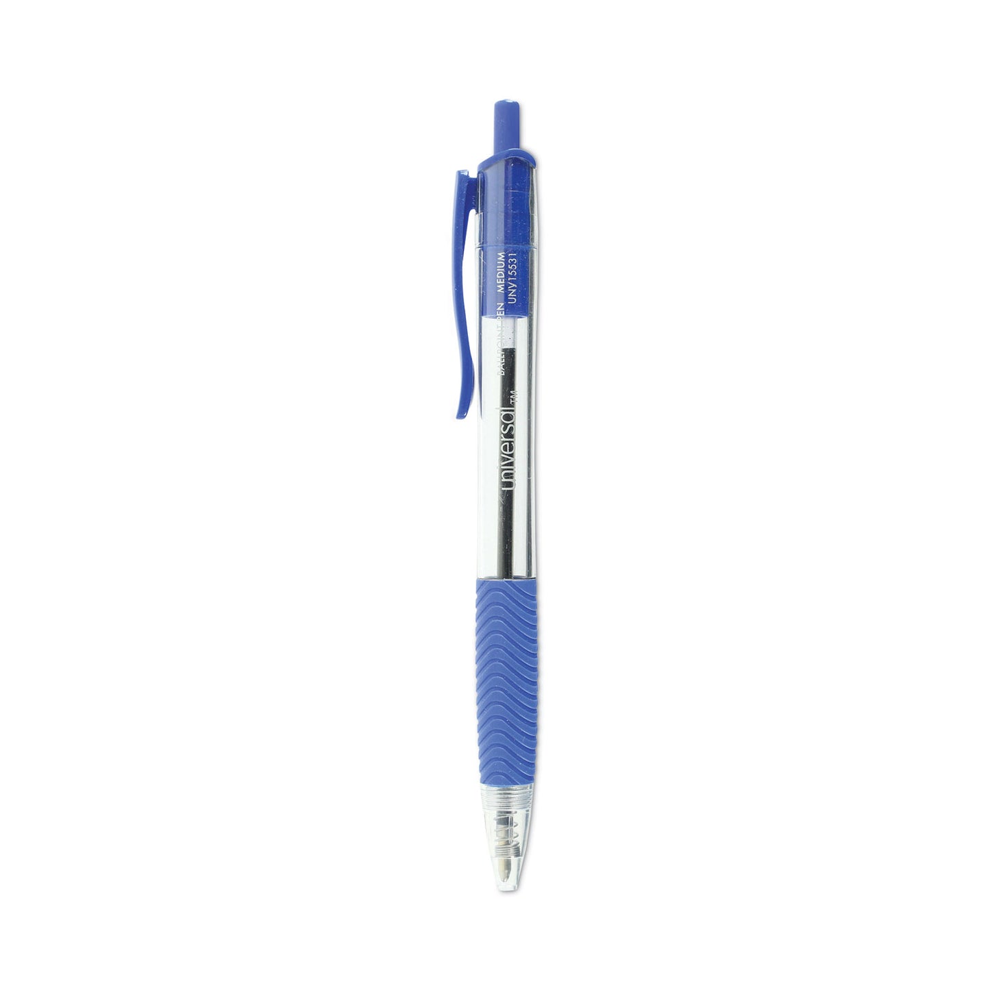 Universal Comfort Grip Ballpoint Pen, Retractable, Medium 1 mm, Blue Ink, Clear/Blue Barrel, Dozen (15531)