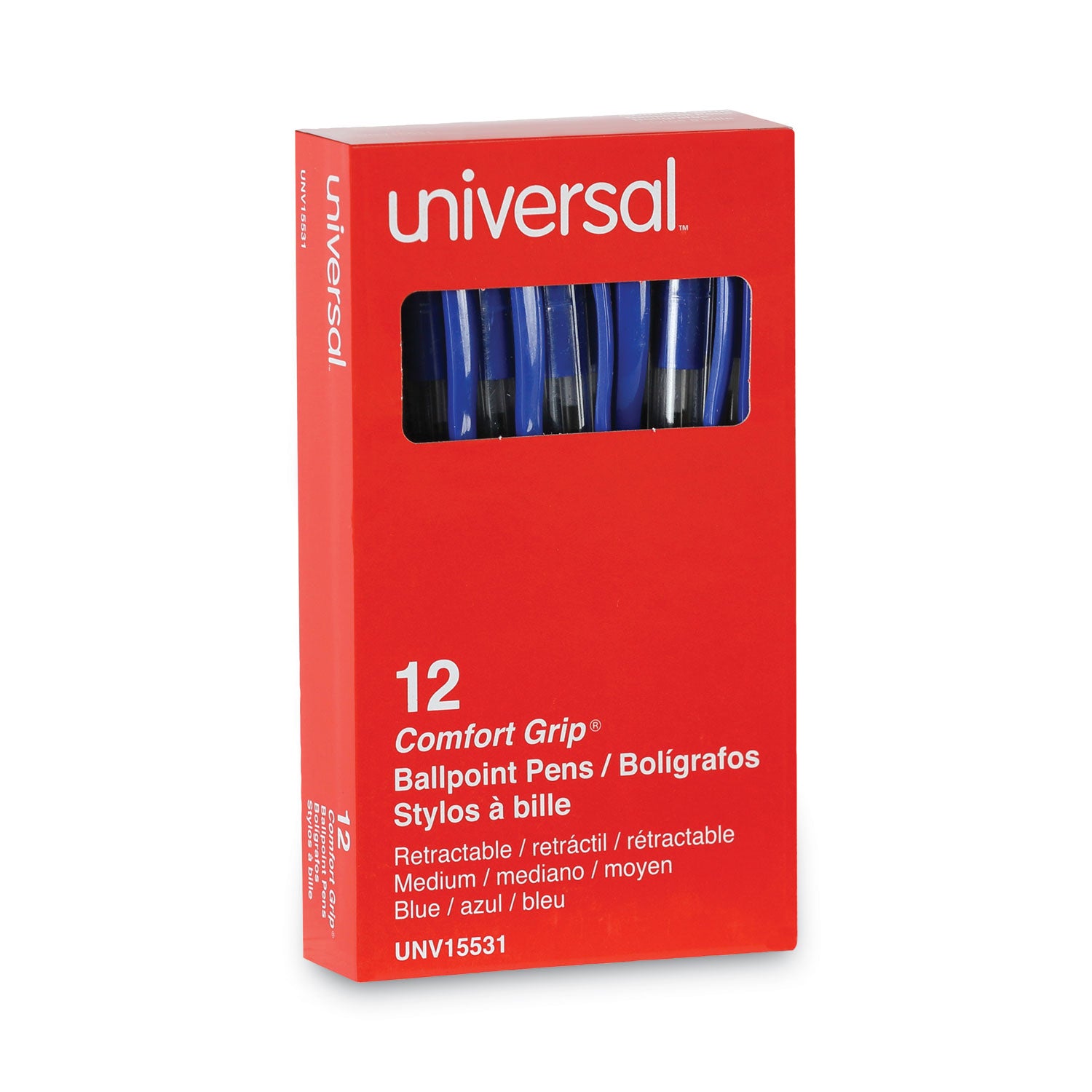 Universal Comfort Grip Ballpoint Pen, Retractable, Medium 1 mm, Blue Ink, Clear/Blue Barrel, Dozen (15531)