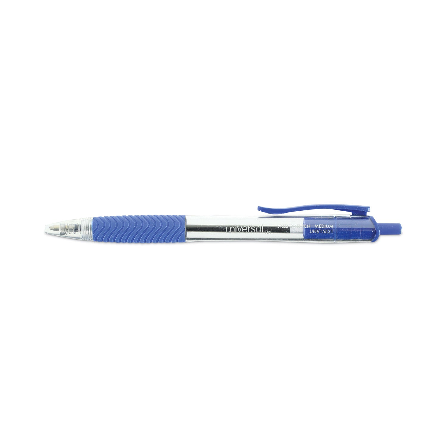 Universal Comfort Grip Ballpoint Pen, Retractable, Medium 1 mm, Blue Ink, Clear/Blue Barrel, Dozen (15531)