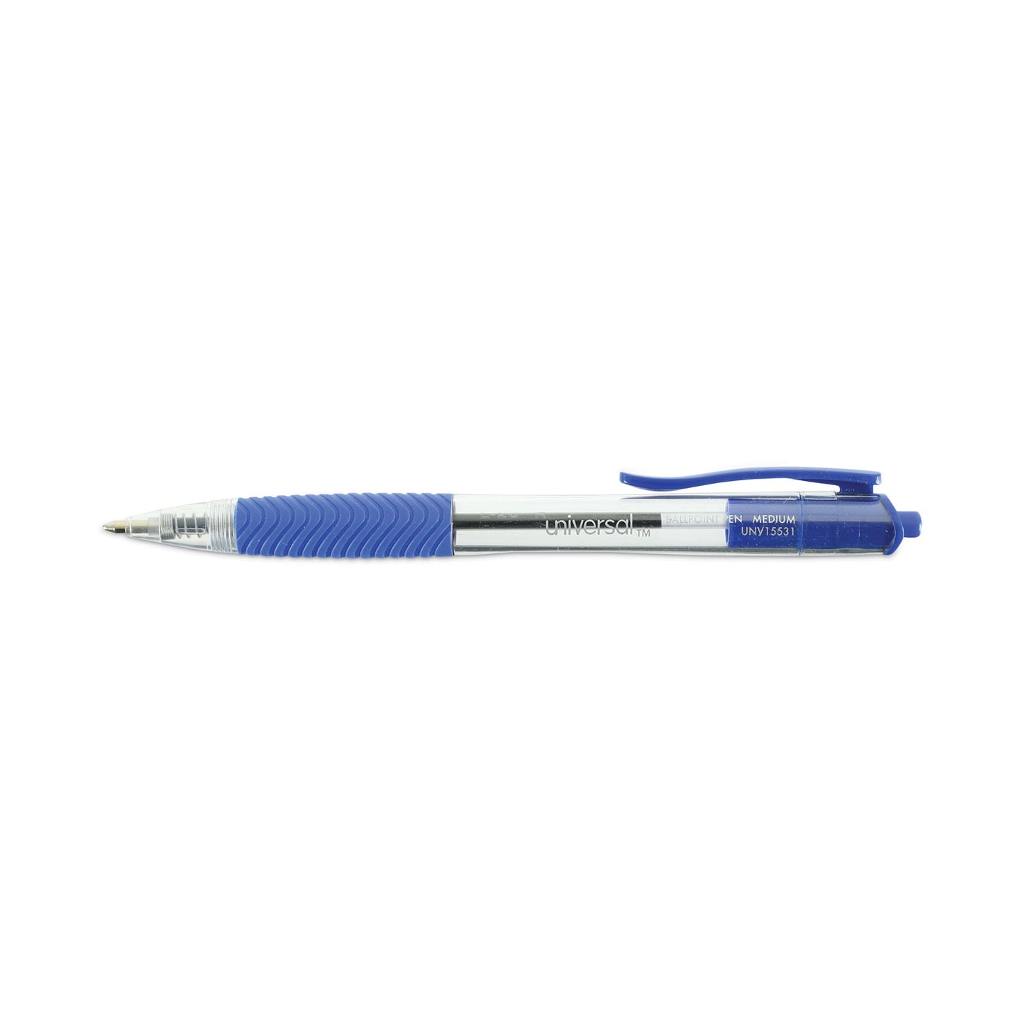 Universal Comfort Grip Ballpoint Pen, Retractable, Medium 1 mm, Blue Ink, Clear/Blue Barrel, Dozen (15531)