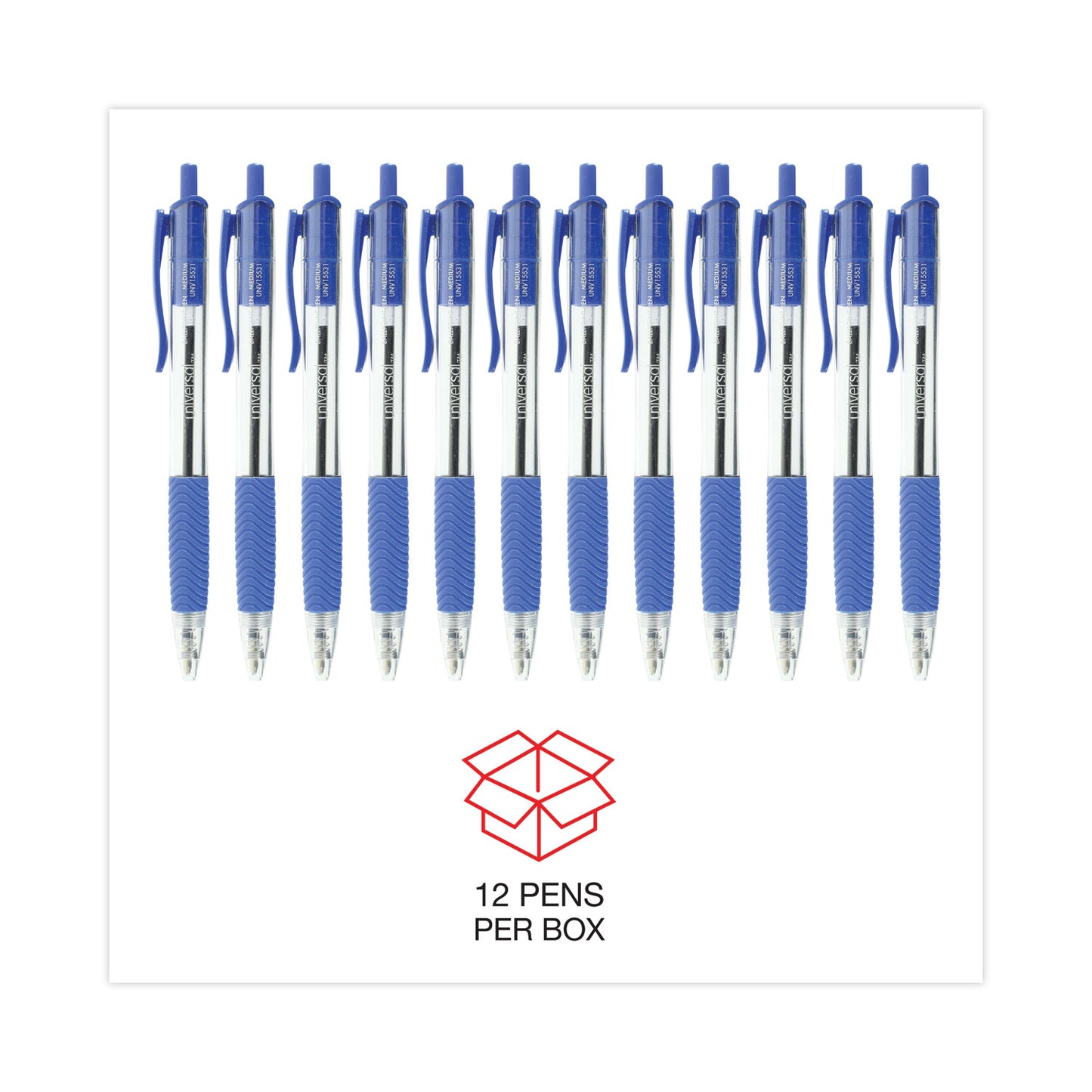 Universal Comfort Grip Ballpoint Pen, Retractable, Medium 1 mm, Blue Ink, Clear/Blue Barrel, Dozen (15531)