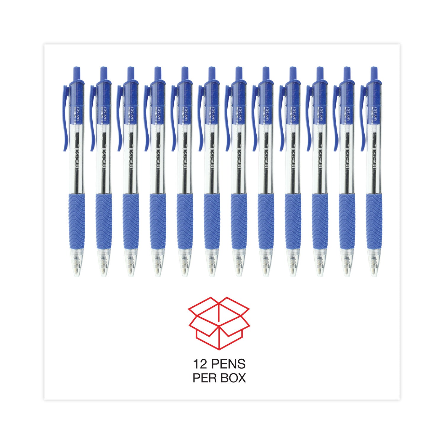 Universal Comfort Grip Ballpoint Pen, Retractable, Medium 1 mm, Blue Ink, Clear/Blue Barrel, Dozen (15531)