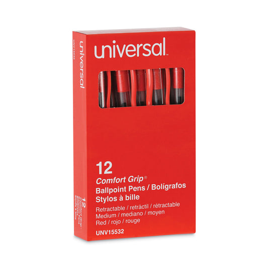 Universal Comfort Grip Ballpoint Pen, Retractable, Medium 1 mm, Red Ink, Clear/Red Barrel, Dozen (15532)