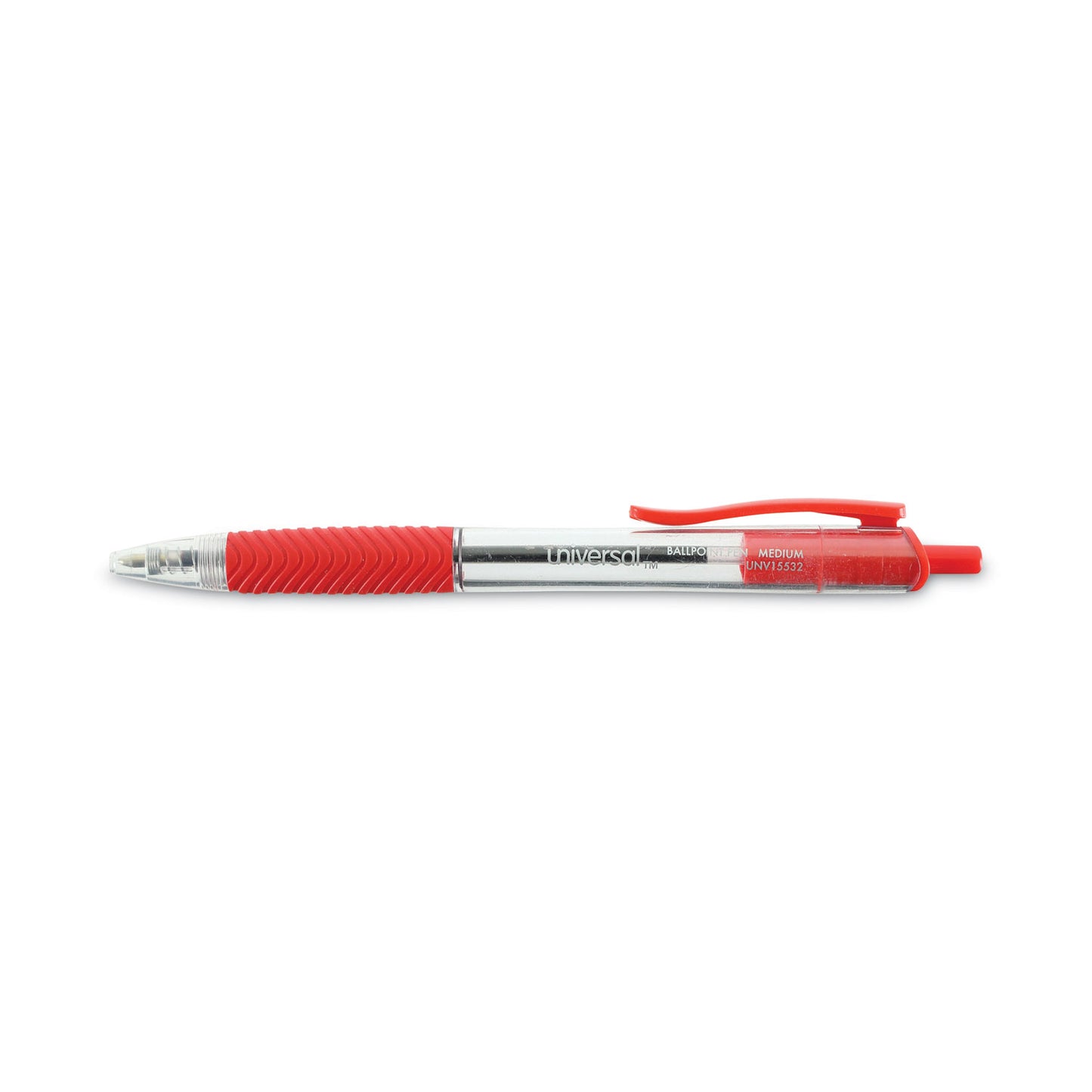 Universal Comfort Grip Ballpoint Pen, Retractable, Medium 1 mm, Red Ink, Clear/Red Barrel, Dozen (15532)