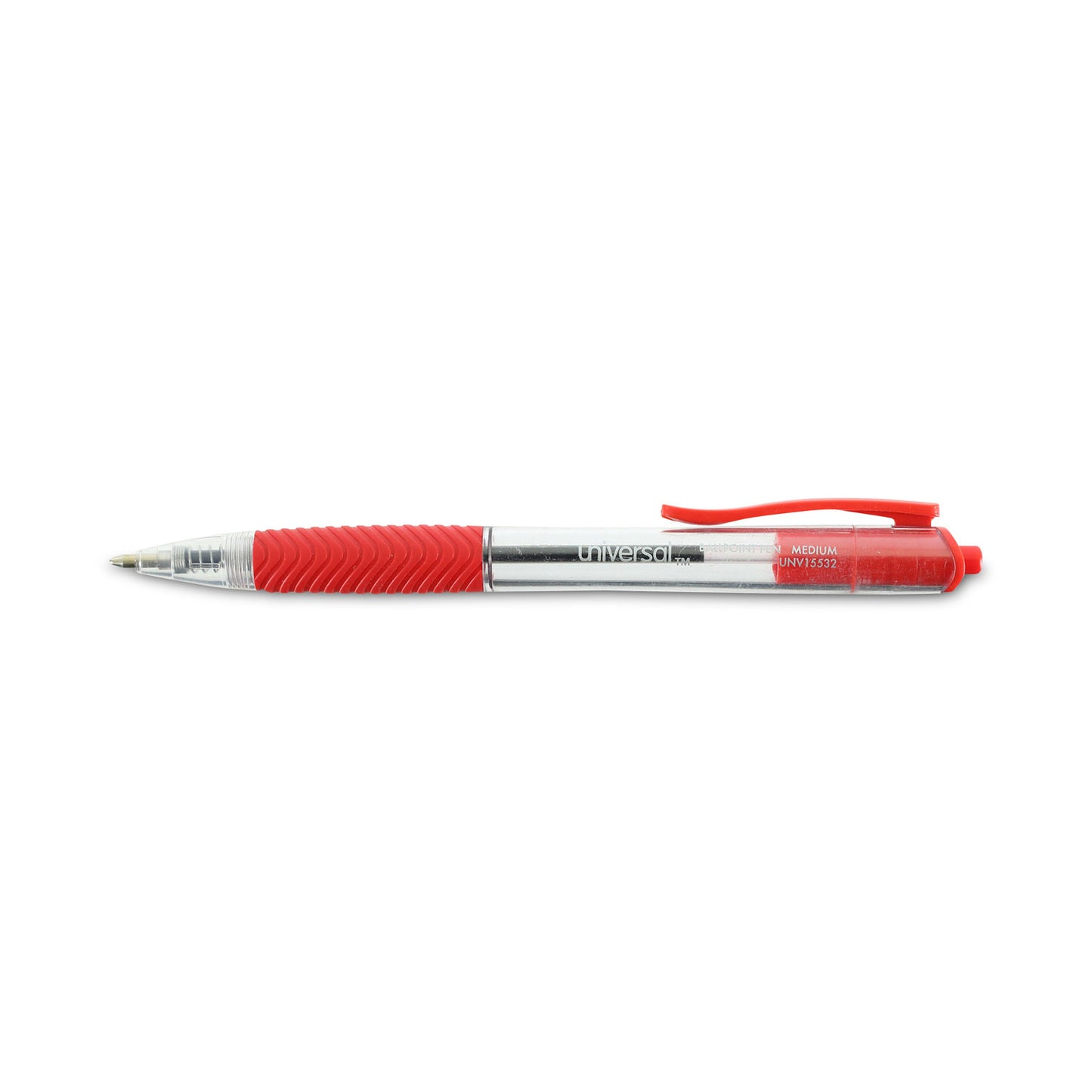 Universal Comfort Grip Ballpoint Pen, Retractable, Medium 1 mm, Red Ink, Clear/Red Barrel, Dozen (15532)