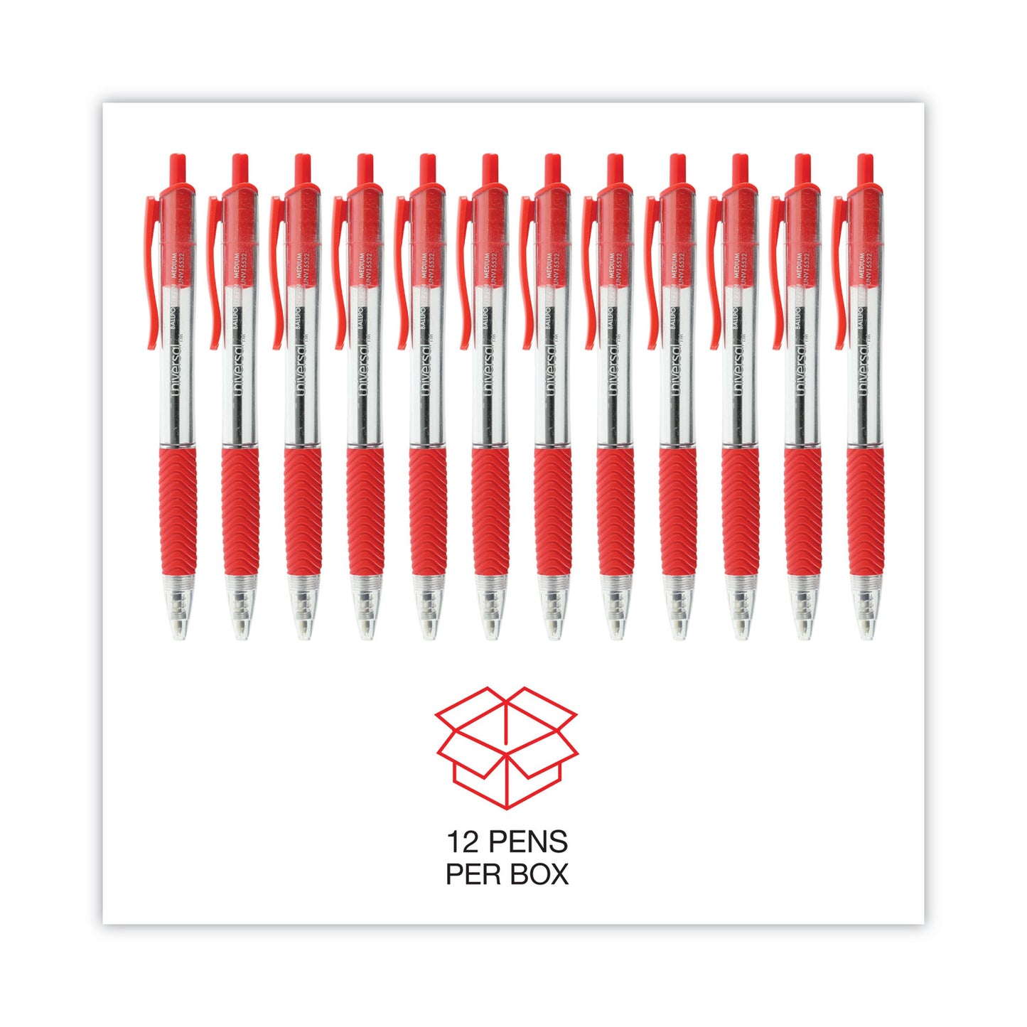 Universal Comfort Grip Ballpoint Pen, Retractable, Medium 1 mm, Red Ink, Clear/Red Barrel, Dozen (15532)