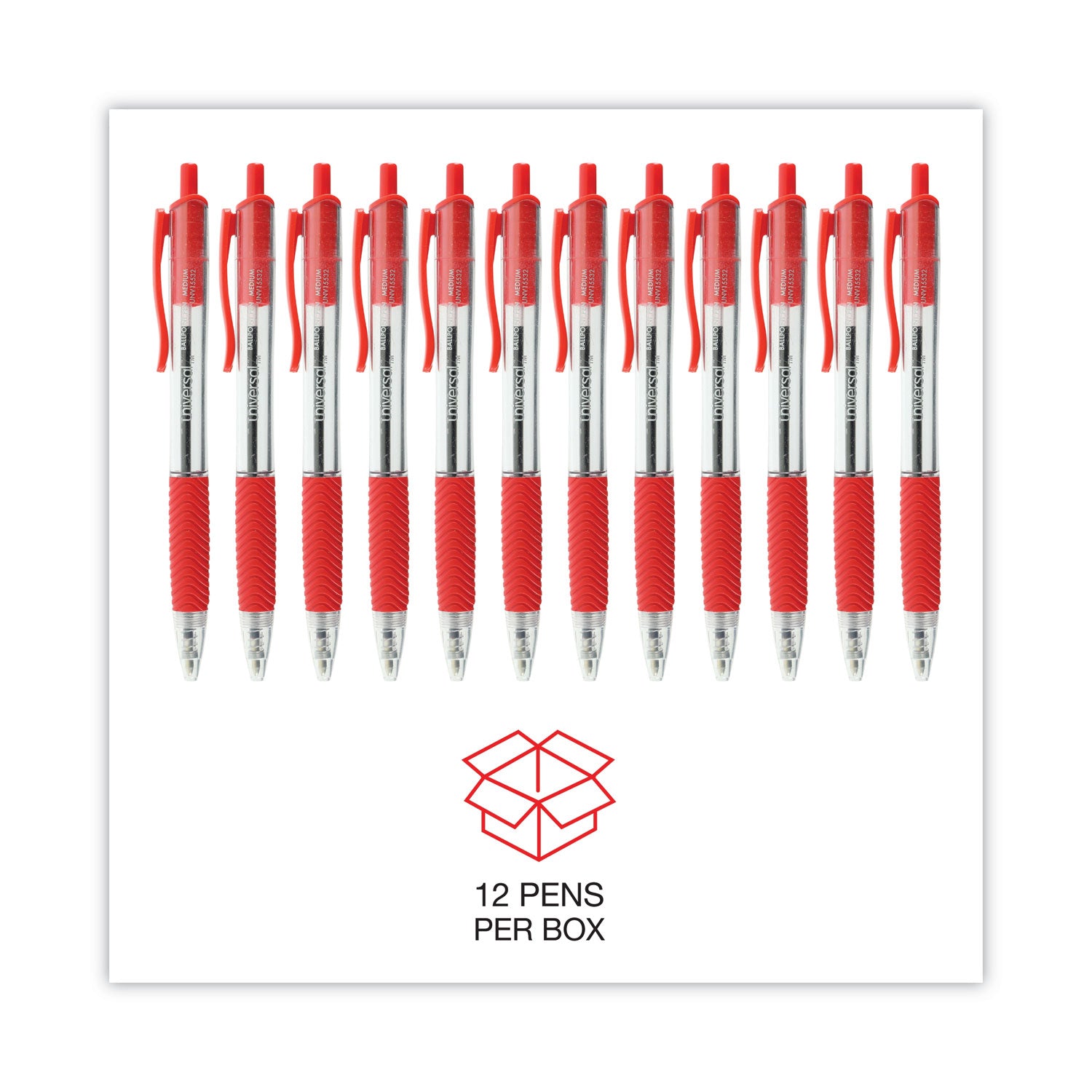 Universal Comfort Grip Ballpoint Pen, Retractable, Medium 1 mm, Red Ink, Clear/Red Barrel, Dozen (15532)